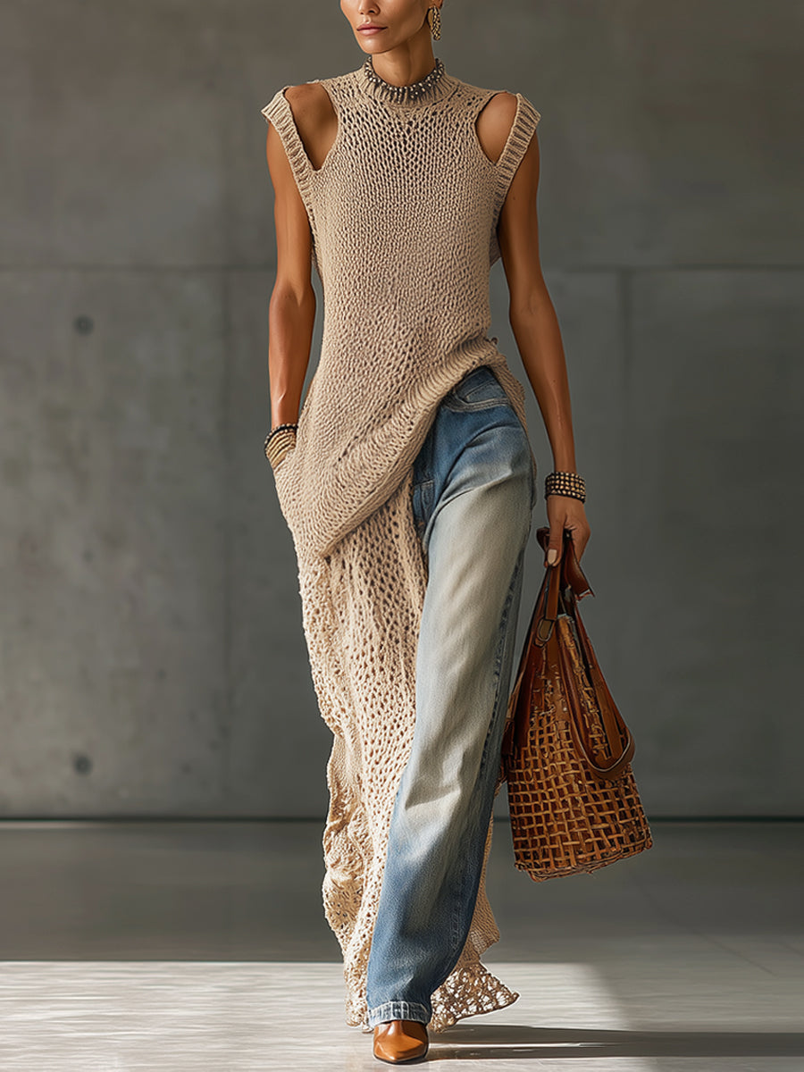 Beige Sleeveless Open Knit Long Sweater