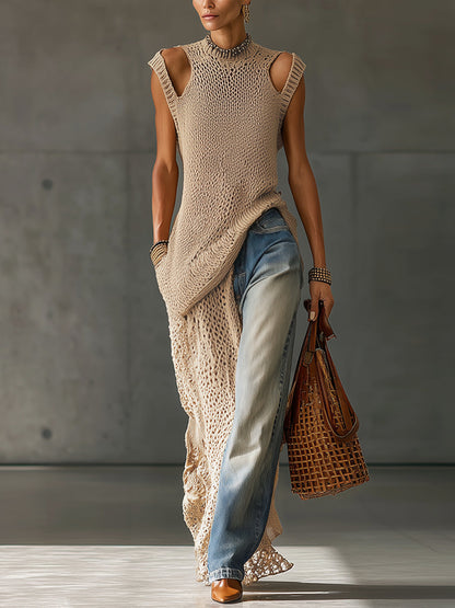 Beige Sleeveless Open Knit Long Sweater