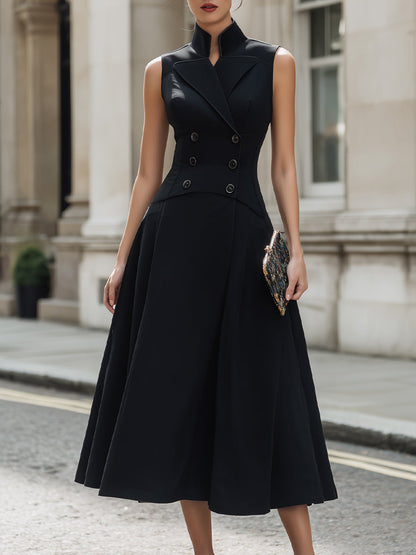 Tailored Sleeveless Double-Breasted Vest Midi Dress