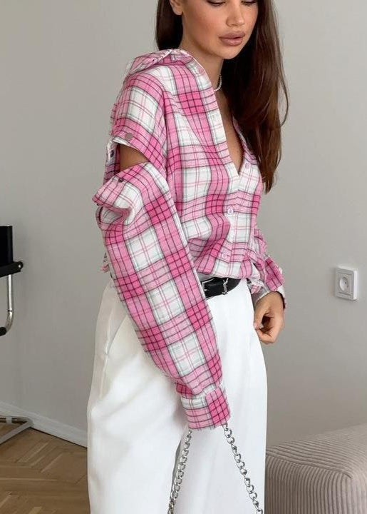 Aubrey - Pink Plaid Snap-Front Oversized Shirt