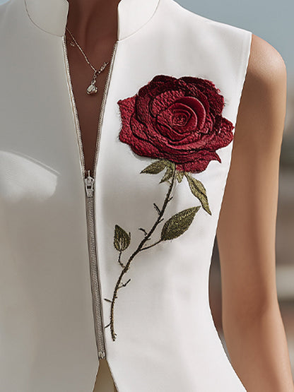 Rose Embroidered Sleeveless Zip-Front Vest