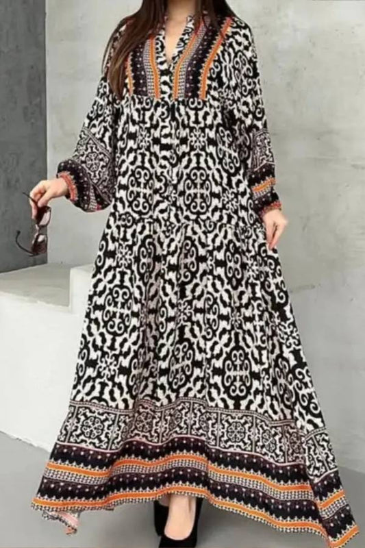 Contrast color V-neck long sleeve printed dress