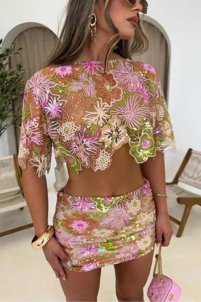 Fashionable Embroidered Flower Sequined Crop Top and Hip-hugging Mini Skirt Set