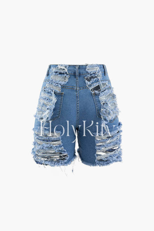 Frayed Destroyed Denim Shorts