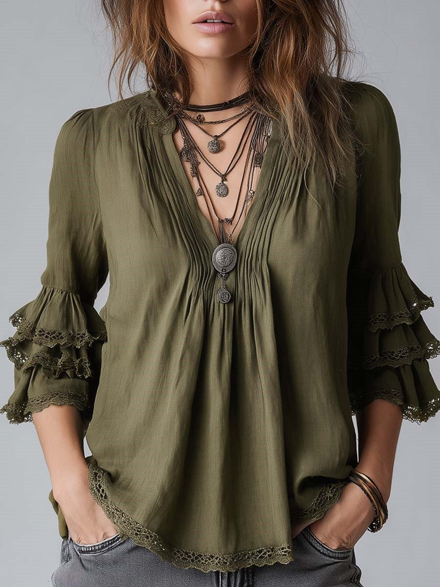 sheenchic Vacation Army Green V Neck 3/4 Sleeve Ruffle Vintage Linen Blouses [Pre-Order]