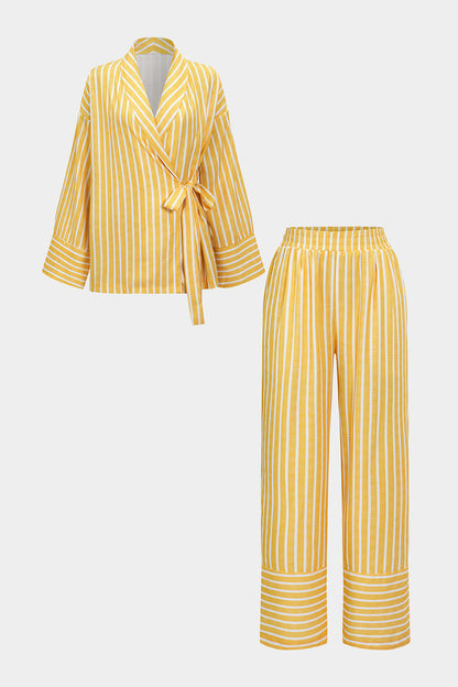 Stripes Print Tie-Up Long-Sleeve Shirt And Trousers Set