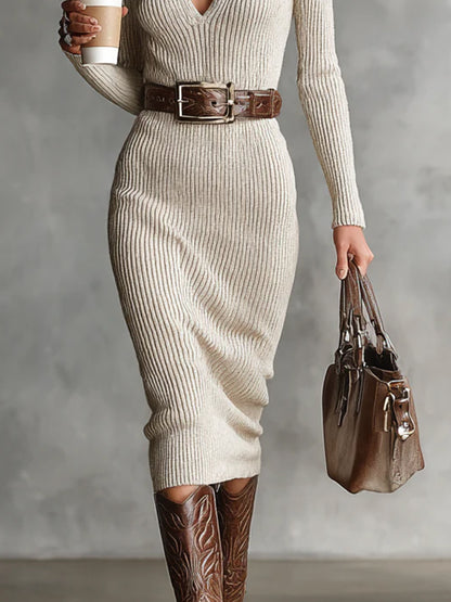 Daily Beige High Collar Long Sleeve Bodycon Casual Knitted With Belt Midi Dresses