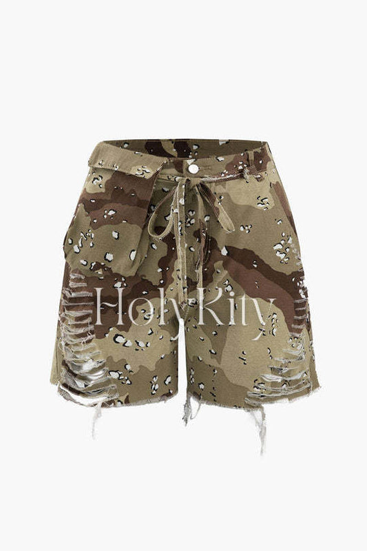 Camo Tie Waist Frayed Shorts