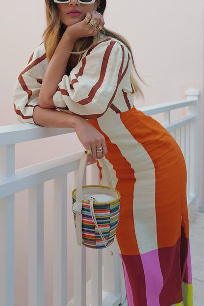 Vestido largo Kaya de mezcla de lino con estampado de bloques de color, abertura frontal, nudo y mangas abullonadas 