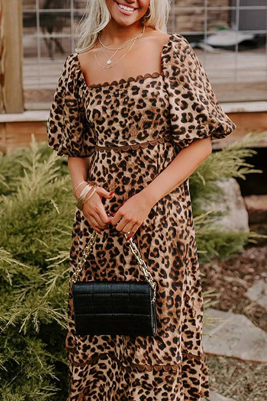 Brown Leopard Print Puff Sleeve Ricrac Maxi Dress