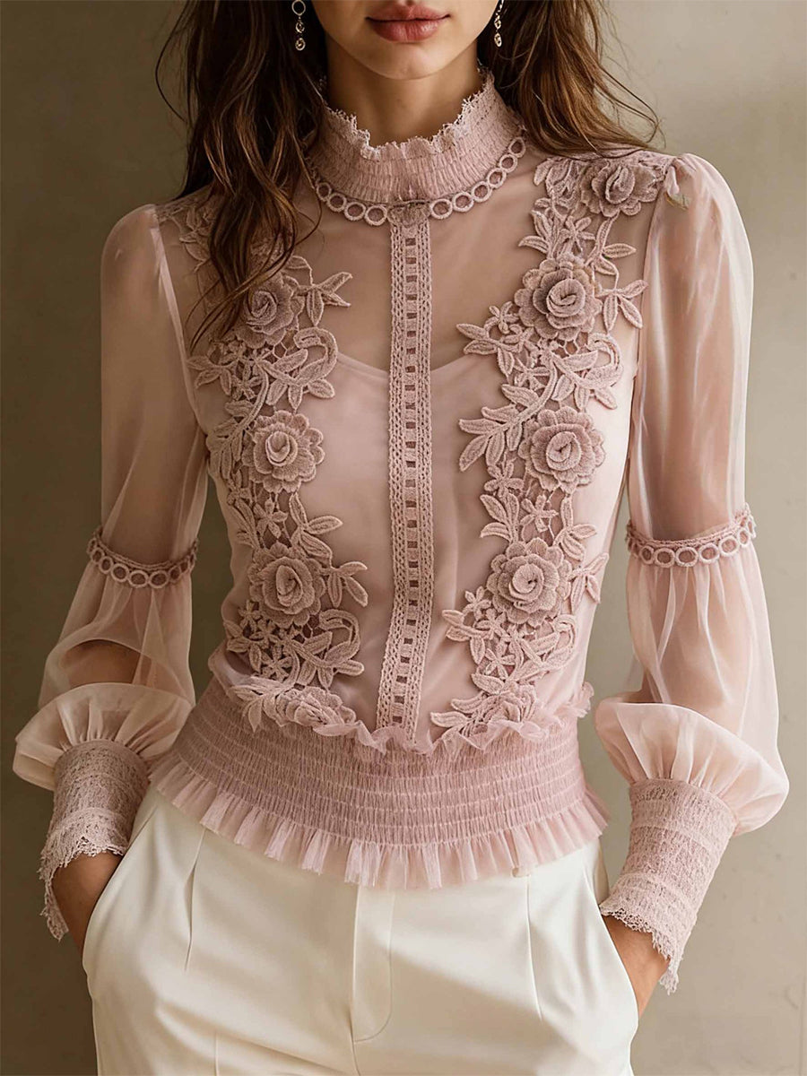 Semi Formal Tulle Pink Stand-Up Collar Long Sleeve 3D Elegant See Through Lace Blouses