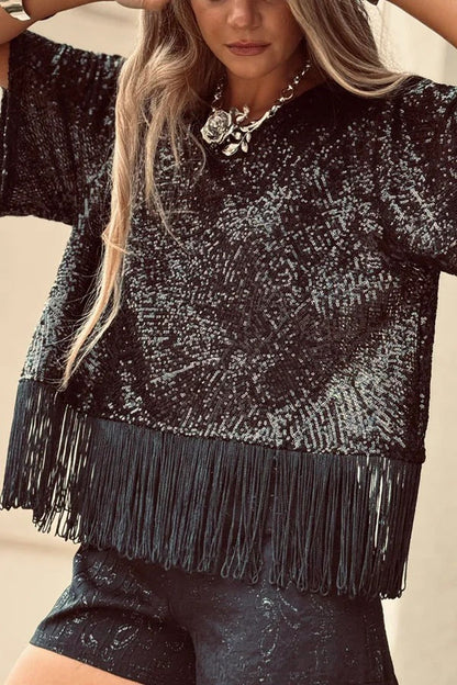 Full of Surprises Sequin Short Sleeve Tassle Trim Loose Top