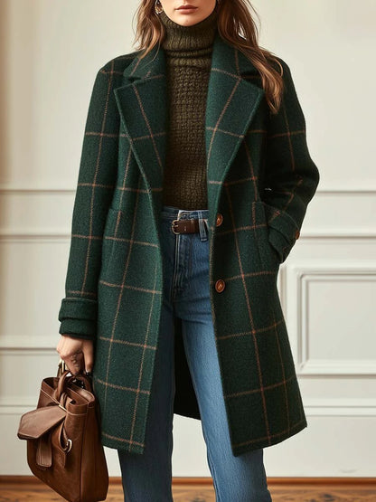 Daily Green Plaid Turndown Collar Long Sleeve Pocket Casual Coat