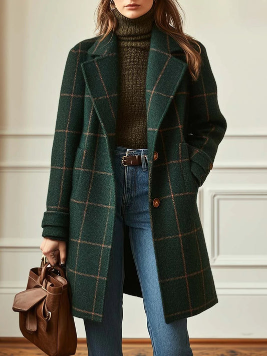 Daily Green Plaid Turndown Collar Long Sleeve Pocket Casual Coat