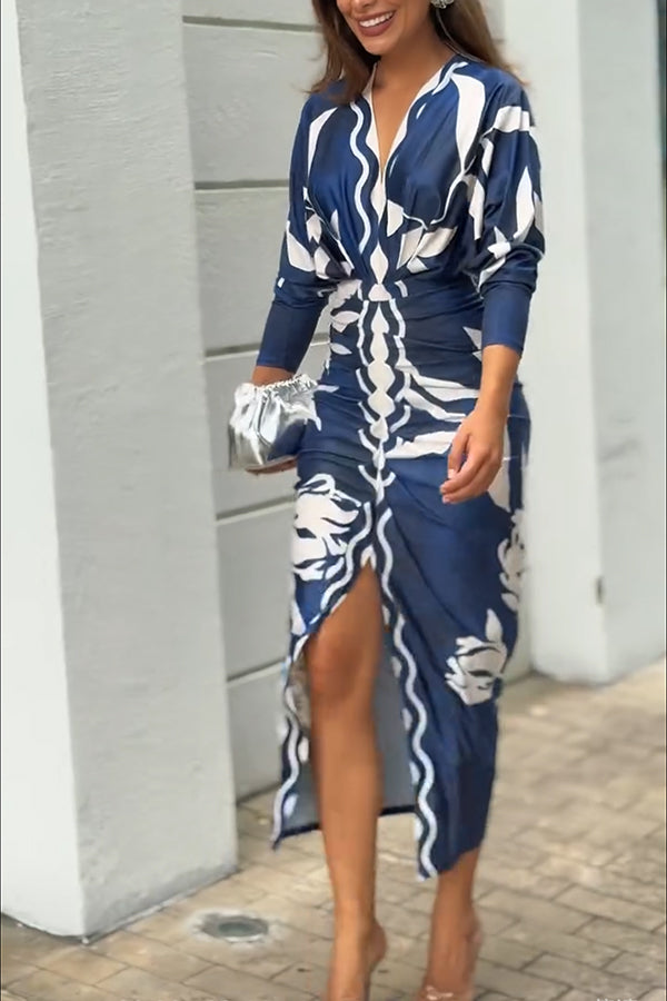 Brazilian Style Unique Print Dolman Long Sleeve Ruched Slit Midi Dress  Vestidos