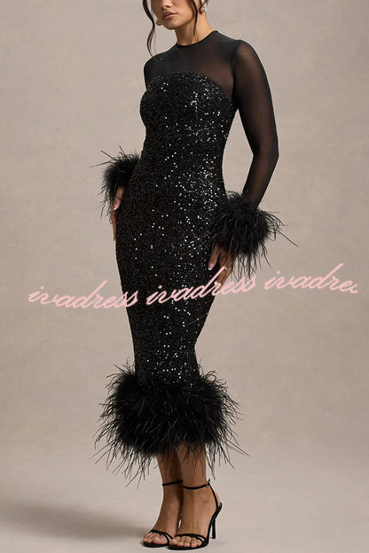 Glamor and Drama Mesh Sequin Patchwork Feather Trim Stretch Midi Dress