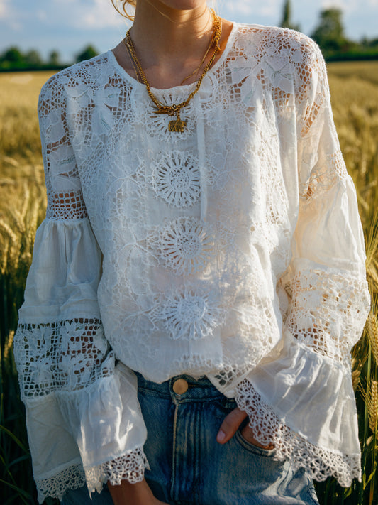 sheenchic Daily Lace White Round Neck Long Sleeve Cut Out Boho Contrast Linen Blouses [Pre-Order]