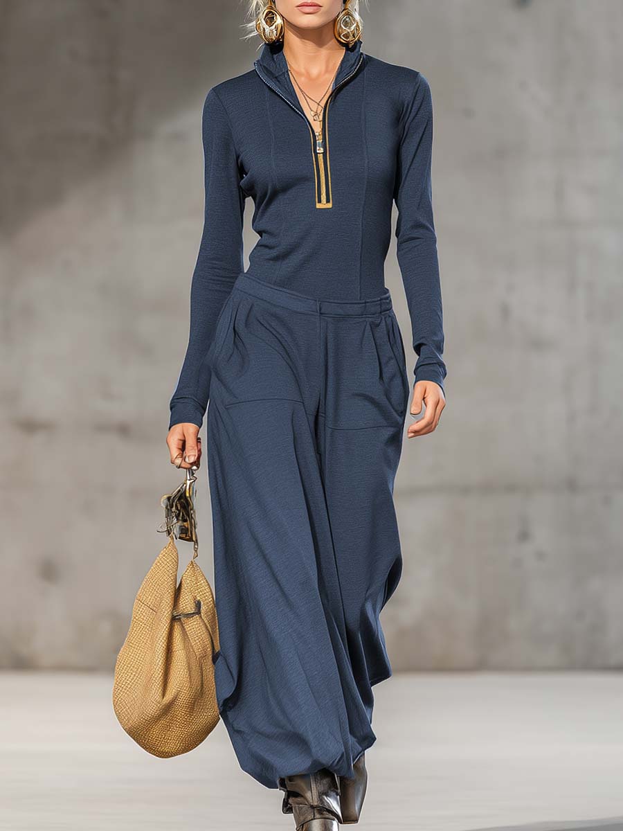 Daily Black Shirt Collar Long Sleeve Zipper Casual Pocket Two Piece Pant Sets