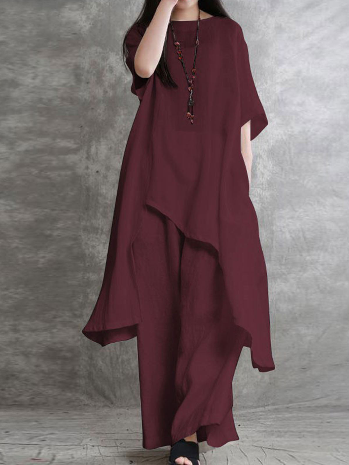 Minimalist Plain Half Sleeve Loose Asymmetrical Shirt & Pants 2Pcs Set