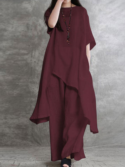 Minimalist Plain Half Sleeve Loose Asymmetrical Shirt & Pants 2Pcs Set