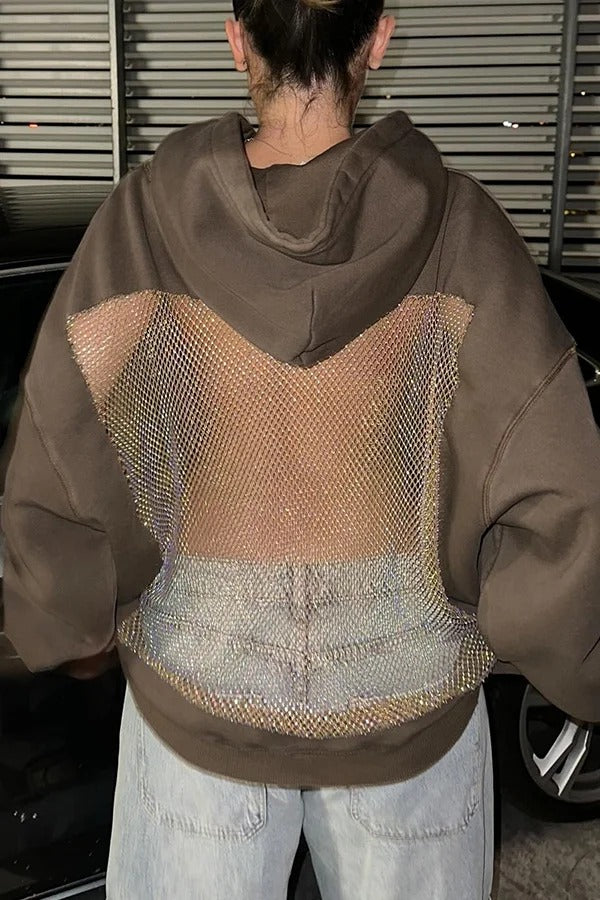Fashionable Shiny Mesh Hollow Back Loose Long-sleeved Hooded Sweatshirt