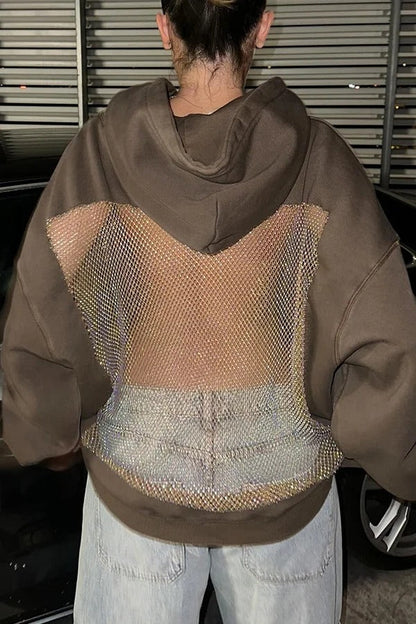 Fashionable Shiny Mesh Hollow Back Loose Long-sleeved Hooded Sweatshirt