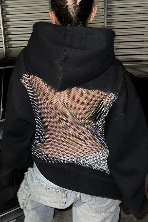 Fashionable Shiny Mesh Hollow Back Loose Long-sleeved Hooded Sweatshirt