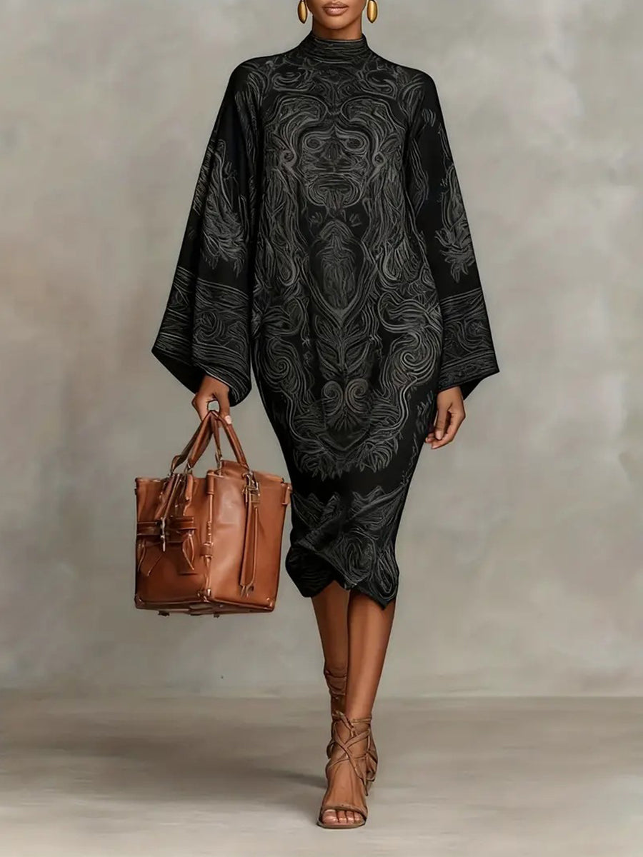 Daily Pink Paisley Mock Neck Long Sleeve Boho Midi Dresses