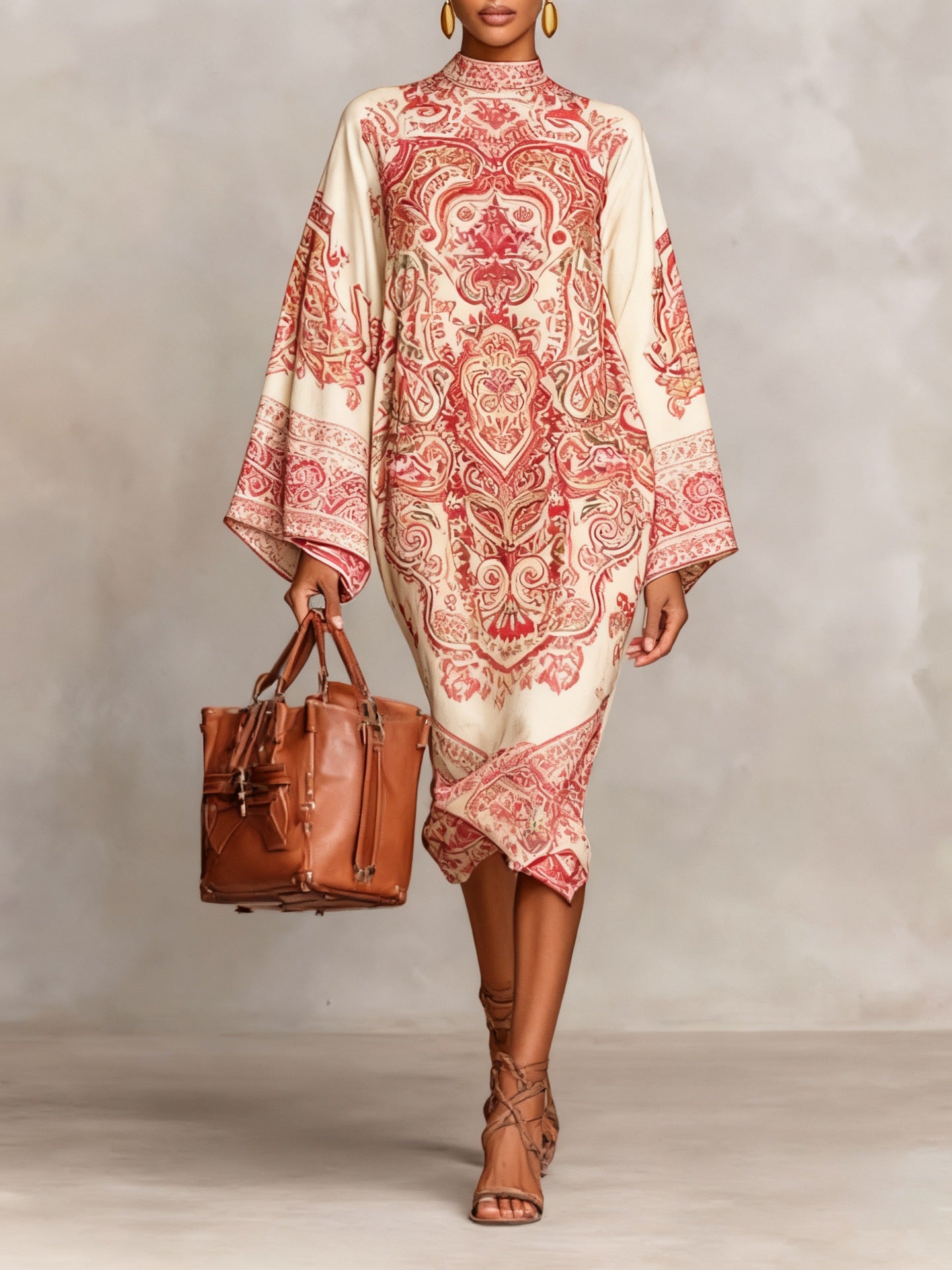 Daily Pink Paisley Mock Neck Long Sleeve Boho Midi Dresses