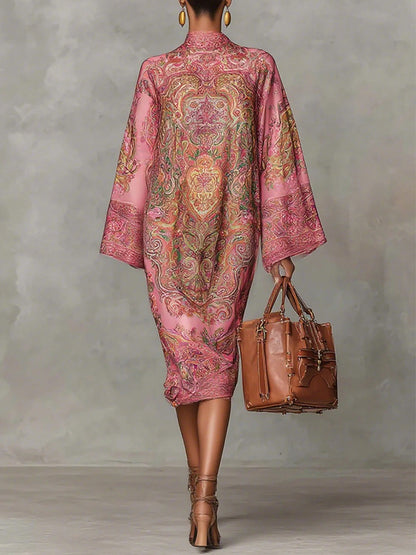 Daily Pink Paisley Mock Neck Long Sleeve Boho Midi Dresses