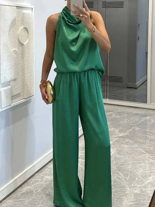 Elegant Halter Neck Swing Collar Top And Wide Leg Pants Suit-Pants