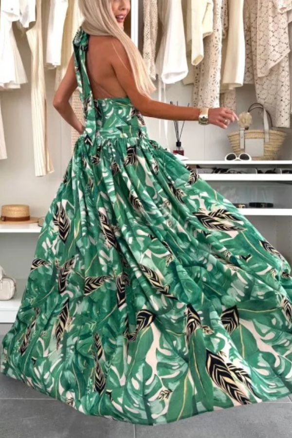 Amazon Scenery Unique Print Tie-up Cutout Waist Ring Halter Slit Maxi Dress