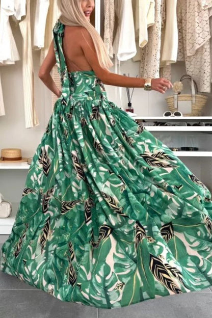 Amazon Scenery Unique Print Tie-up Cutout Waist Ring Halter Slit Maxi Dress