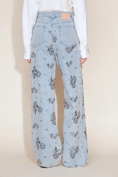 Jhenie Denim Beaded Sequin Floral Pattern Mid Rise Pocket Wide Leg Jeans