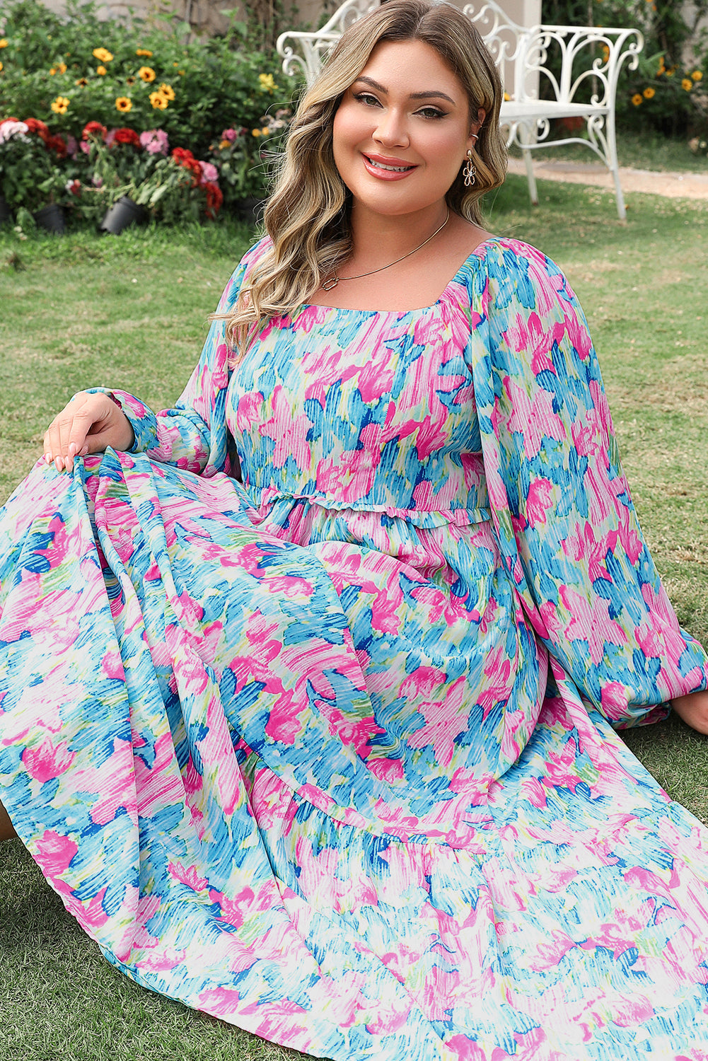 Sky Blue Floral Allover Print Shirred Square Neck Plus Size Maxi Dress