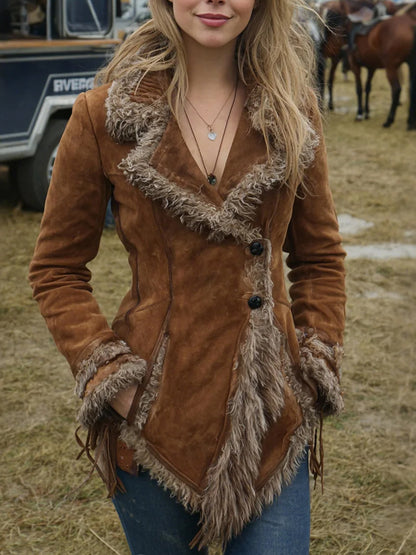 Daily Faux Fur Brown Turndown Collar Long Sleeve Asymmetric Hem Western Pocket Chamois Jacket