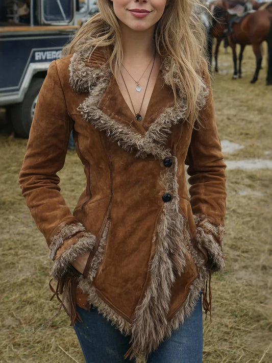 Daily Faux Fur Brown Turndown Collar Long Sleeve Asymmetric Hem Western Pocket Chamois Jacket