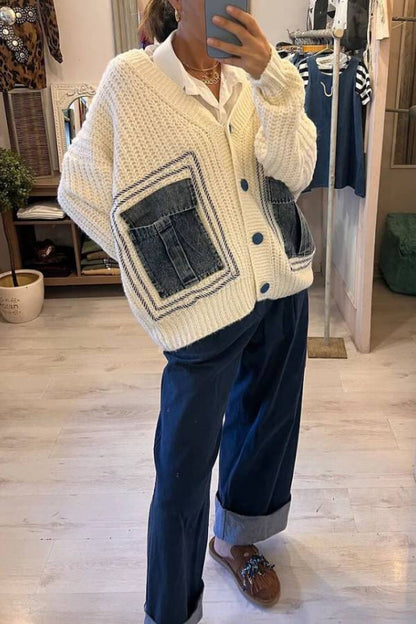 Unique Denim Patchwork Pockets Cardigan