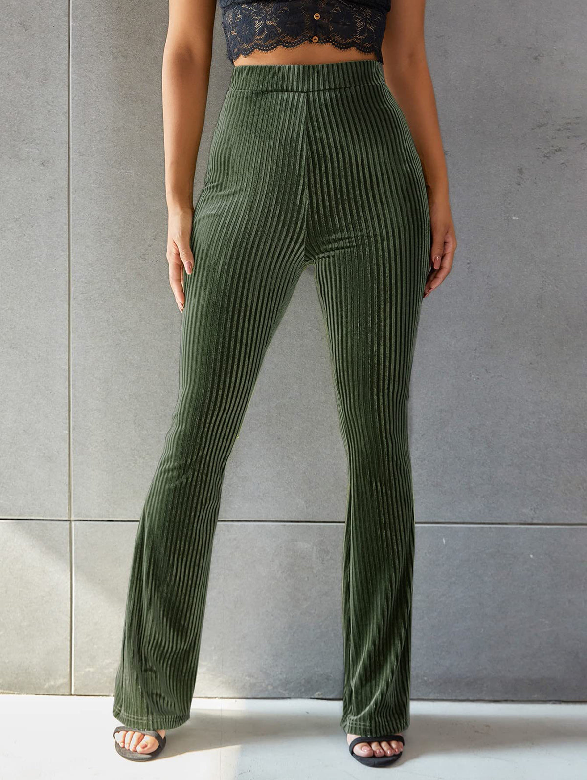 Velvet Pit Stripe High-Rise Elastic Waist Flare Leg Pants