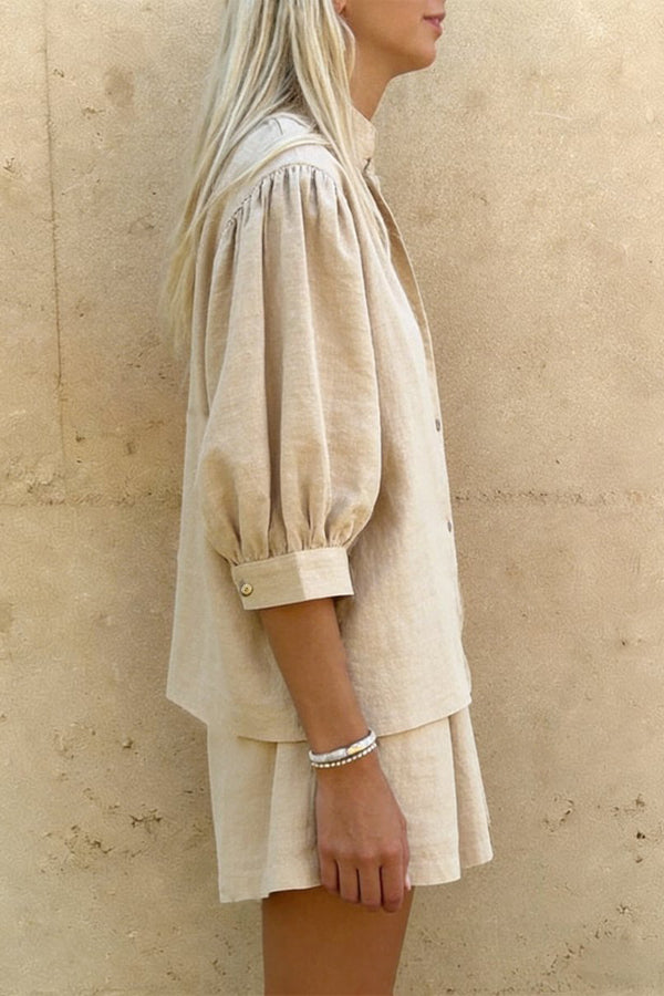 Linen Blend V-neck Puff Sleeve Shirt and Elastic Waist Loose Pocket Shorts Set