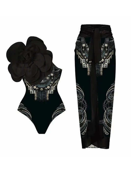 3D Black Floral Bust Decor Printed Swimsuit