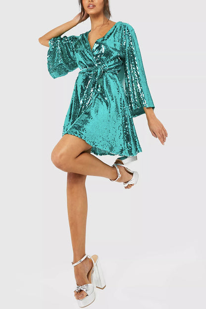 Solid Color Loose Sequined V-neck Tie Mini Dress