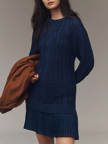 Daily Chiffon Beige Round Neck Long Sleeve Contrast Casual Knitted Mini Dresses