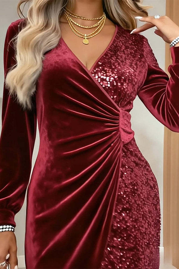 Fashionable Velvet Sequined V-neck Long-sleeved Slim-fit Mini Dress