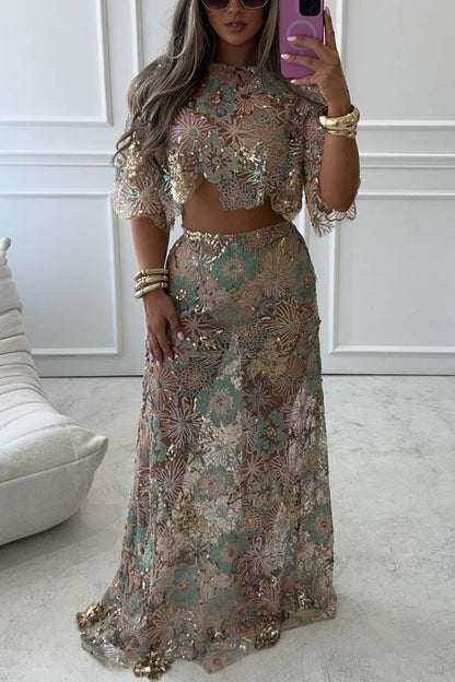 Fashionable Embroidered Flower Sequined Crop Top and Elegant Sheer Maxi Skirt Set