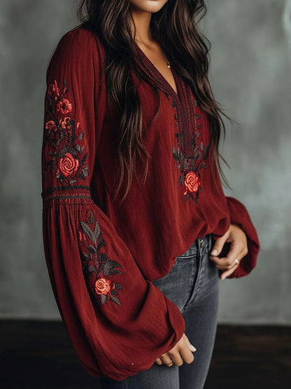 Vacation Burgundy Floral V Neck Lantern Sleeve Long Sleeve Contrast Vintage Linen Blouses
