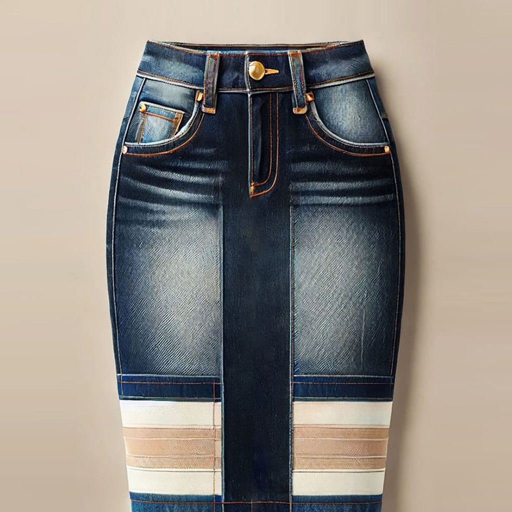 sheenchic High Rise Contrast Striped Denim Raw Edge Midi Skirt