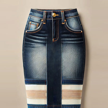 sheenchic High Rise Contrast Striped Denim Raw Edge Midi Skirt