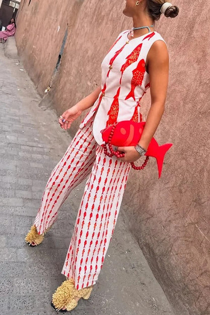 Chaleco de lino con botones metálicos y estampado de koi de buena suerte