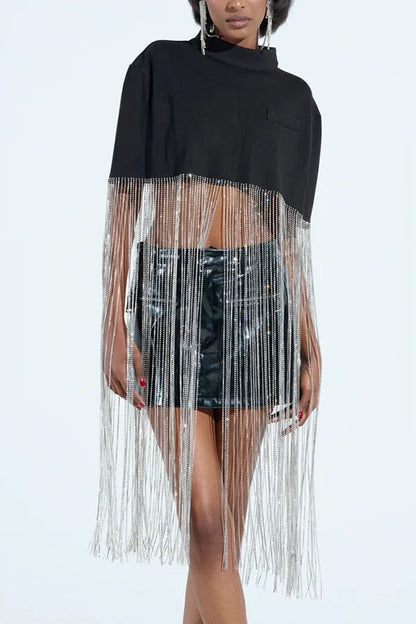 New Level Shiny Tassel Stand Neck Crop Cape Blouse